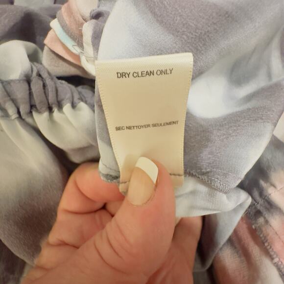 Rebecca Taylor Silk Floral Ruffle Hem Dress Gray Pink Tie Waist Long Sleeve 100% - Picture 14 of 15